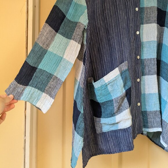 Liv by Habitat Yin Yang Shirt Womens Small Linen Blue Plaid Button Up Lagenlook - Picture 3 of 8